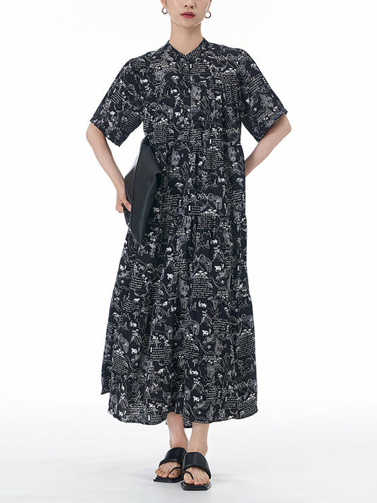 Women Summer Floral Loose Button Tiered Dress