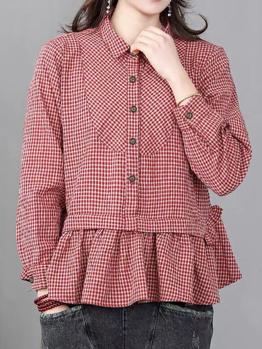 Plus Size Loose Plaid Ruffle Splicing Cotton Linen Shirt