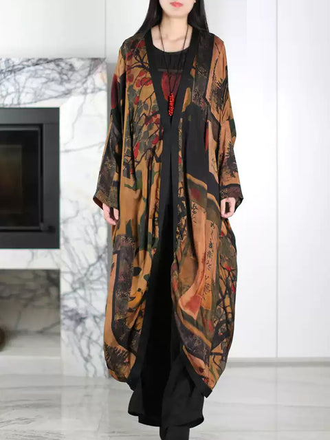 Women Retro Flower Irregular V-Neck Strap Coat