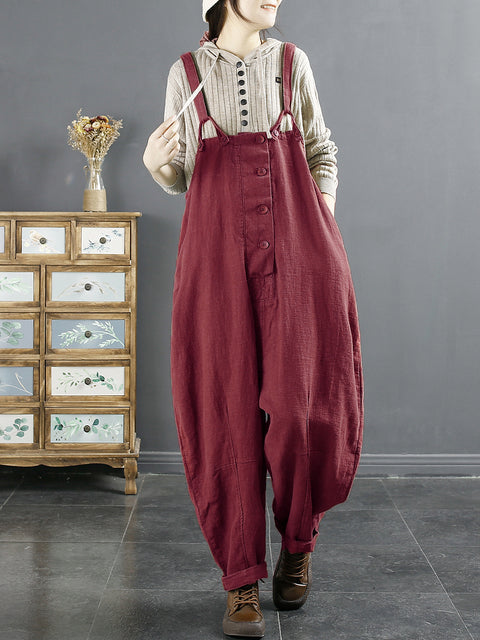 Plus Size Women Vintage Solid Linen Loose Jumpsuits