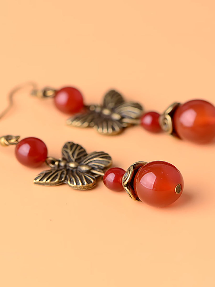 (2 Pairs )Retro Butterfly Red Agate Earrings