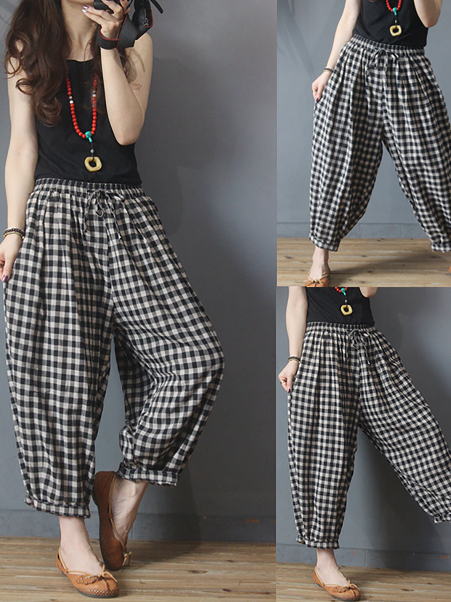 Plus Size Summer Plaid Drawstring Cotton Linen Harem Pants