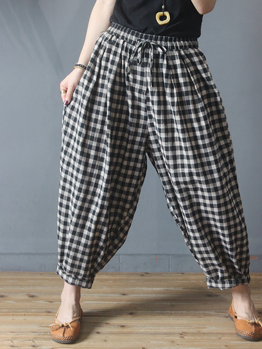 Plus Size Summer Plaid Drawstring Cotton Linen Harem Pants