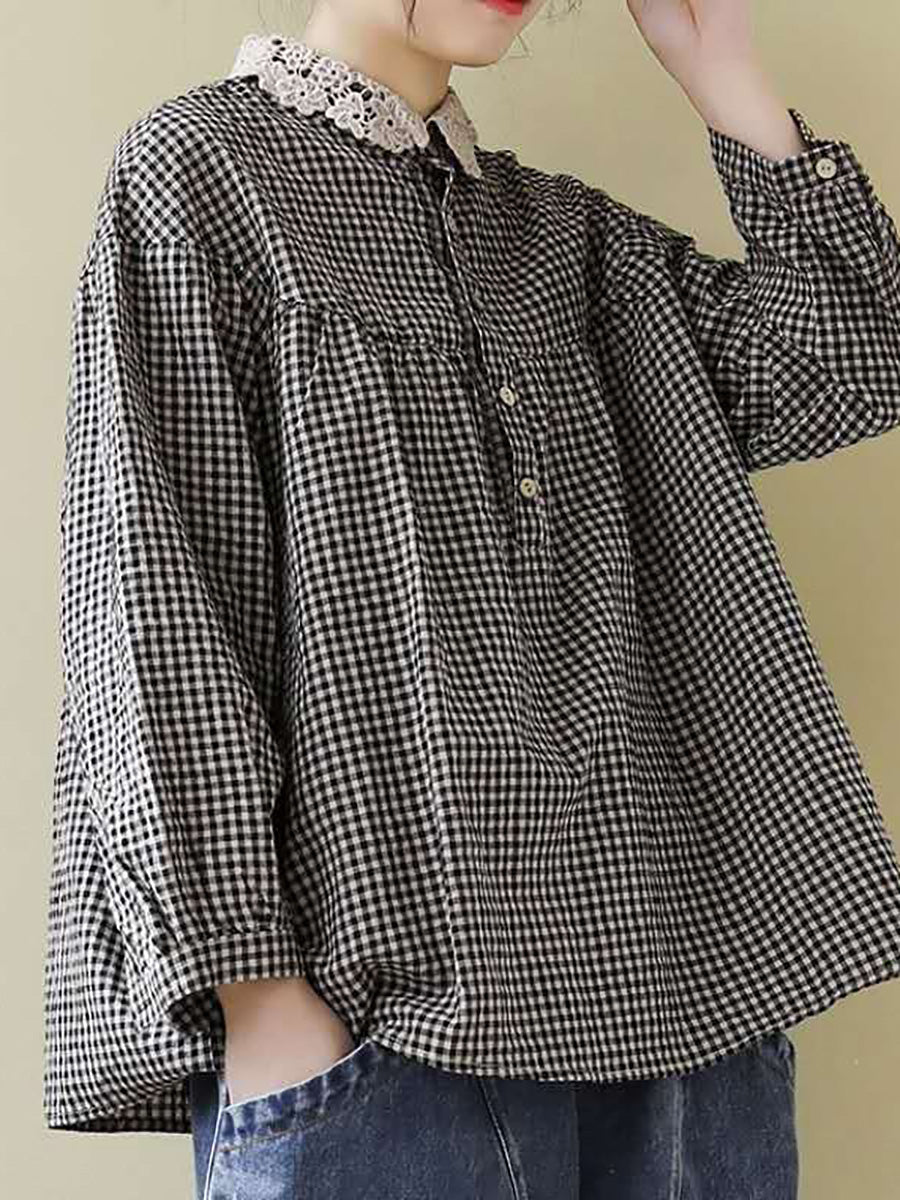 Plus Size Women Loose Breasted Lace Plaid Tops