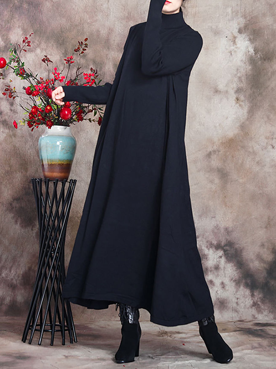 Plus Size Women Artsy Solid Turtleneck Maxi Dress