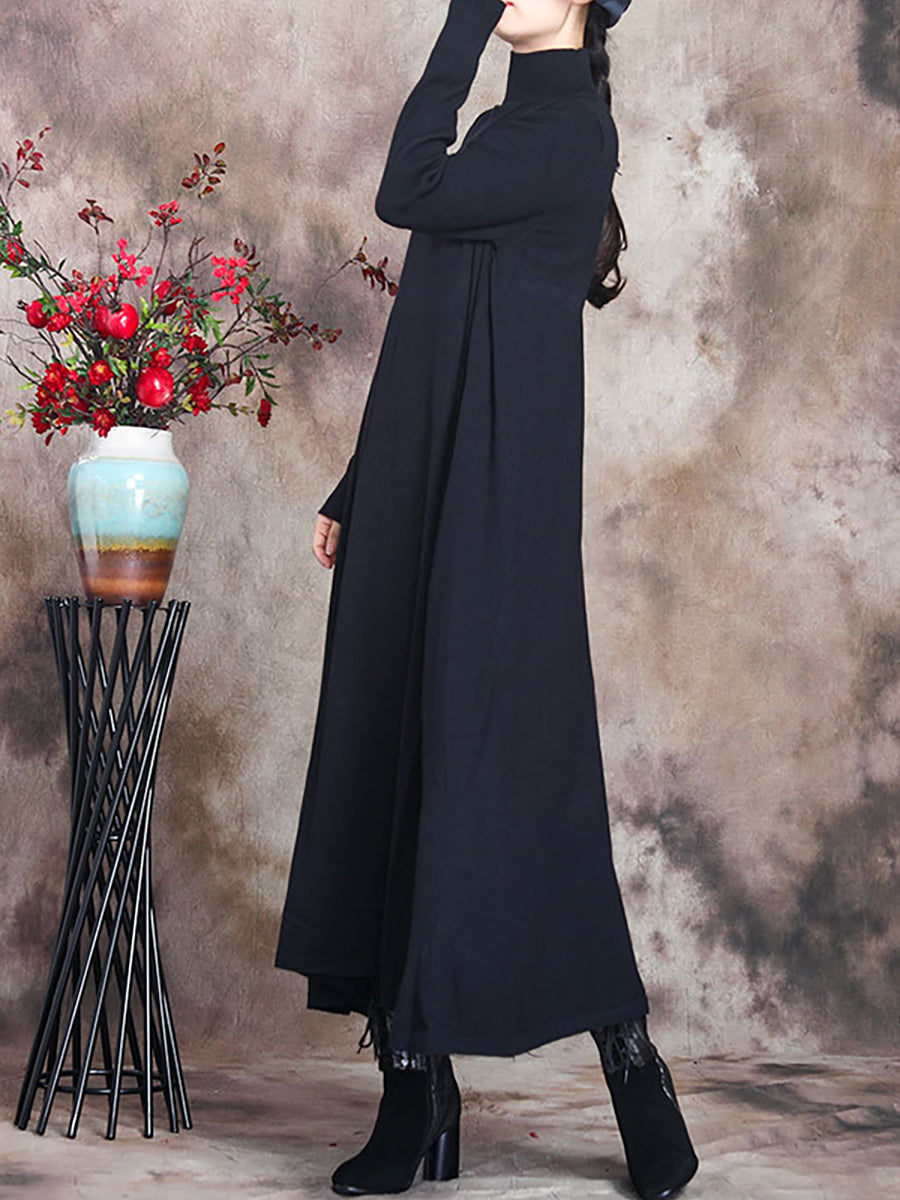 Plus Size Women Artsy Solid Turtleneck Maxi Dress