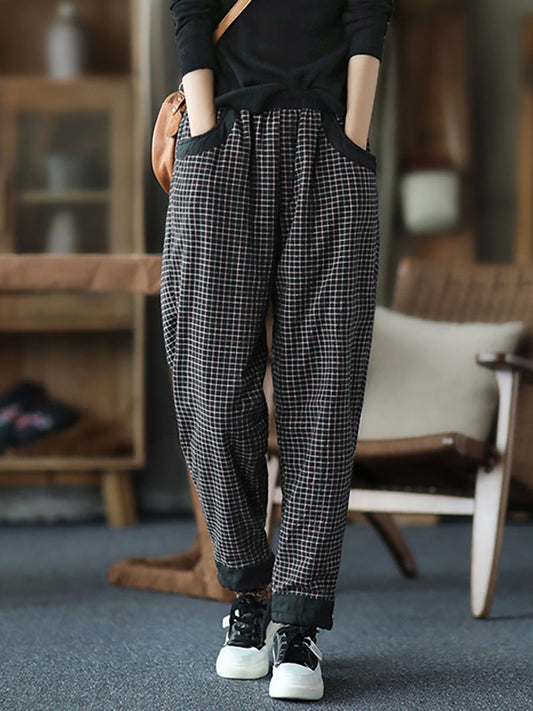 Plus Size Women Cotton Linen Plaid Elastic Waist Pants