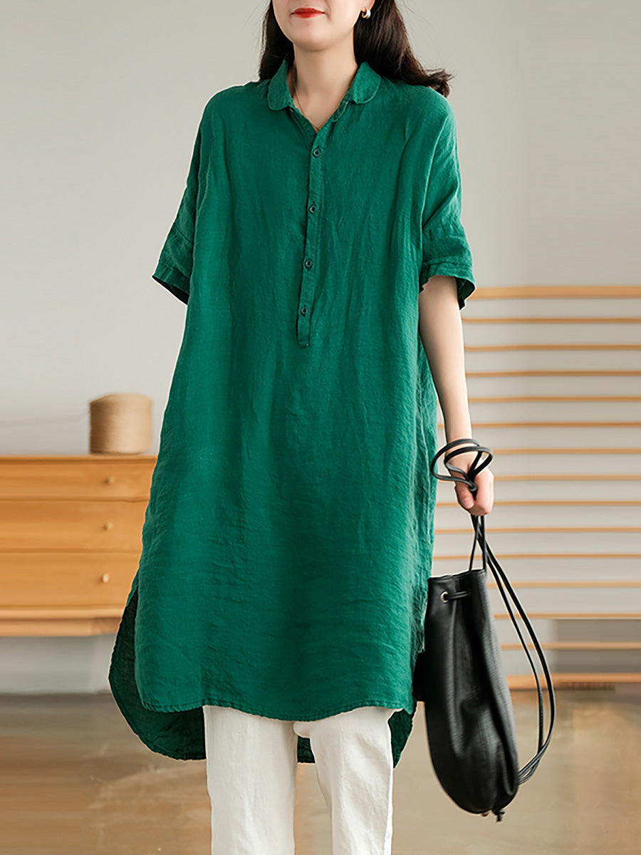 Plus Size Linen Women Casual Pure Color Split Shirt