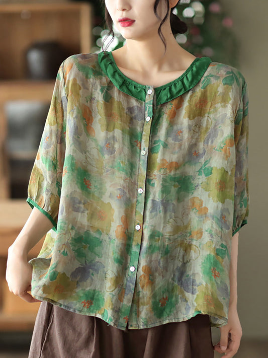 Plus Size Floral Ramie Vintage Summer Women Shirt