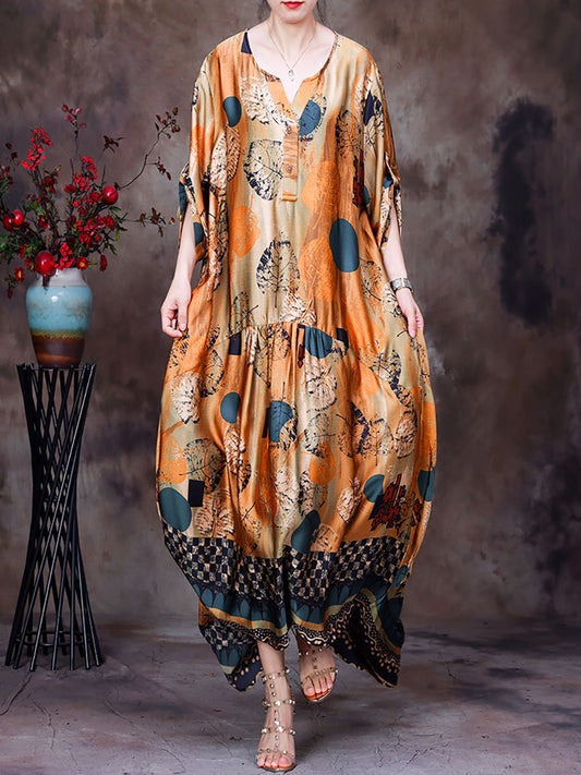 Plus Size Floral Vintage Women Batwing Sleeve Maxi Dress