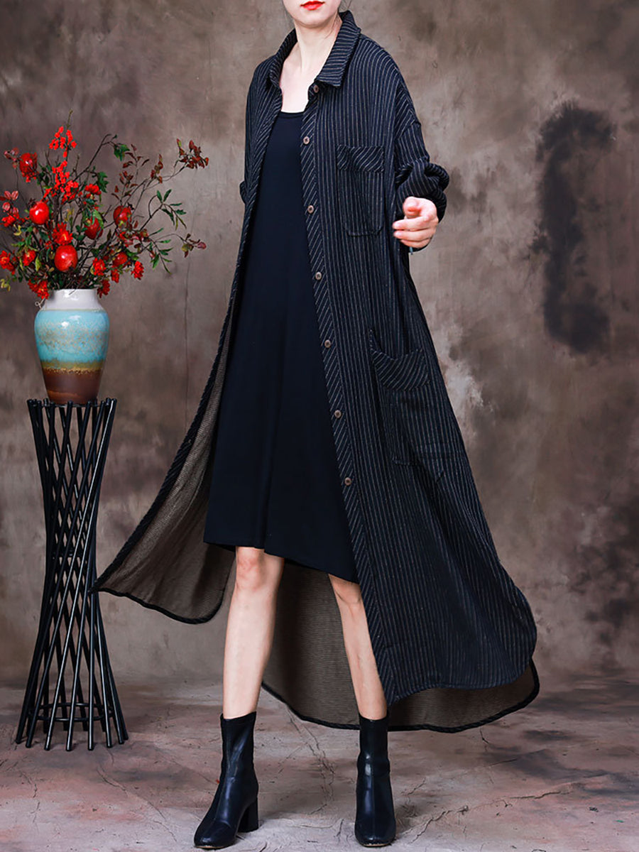 Plus-Size Women Cotton Striped Irregular Long Jacket