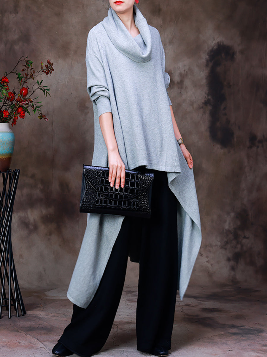 Women Irregular Solid Sweater Turtleneck Pullover