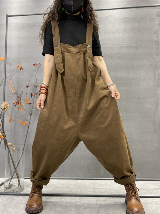 Plus Size Autumn Women Casual Solid Color Loose Jumpsuits