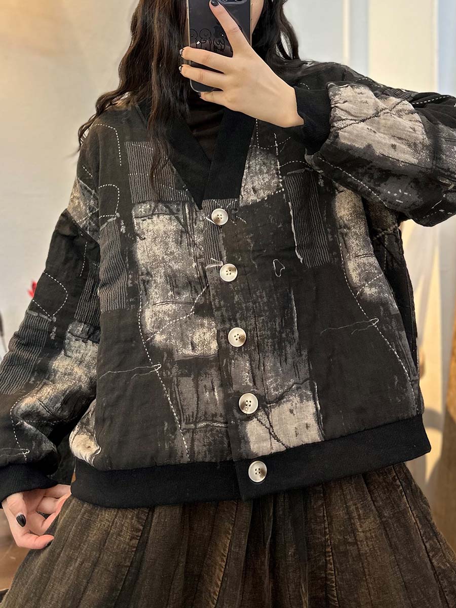 Women Plaid Print Button V-Neck Loose Jacket