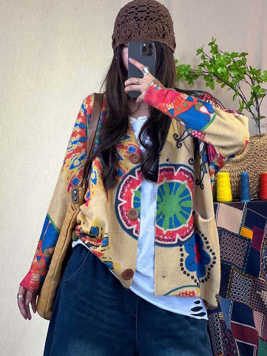 Women Floral Print Knitted Loose Sweater Coat