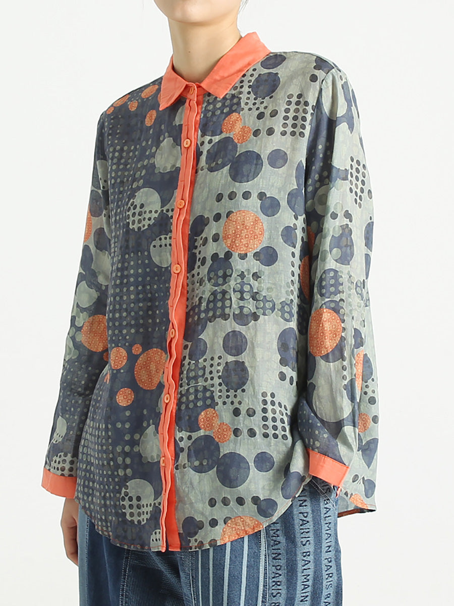 Plus Size Ramie Dots Prints Long Sleeve Women Loose Shirt