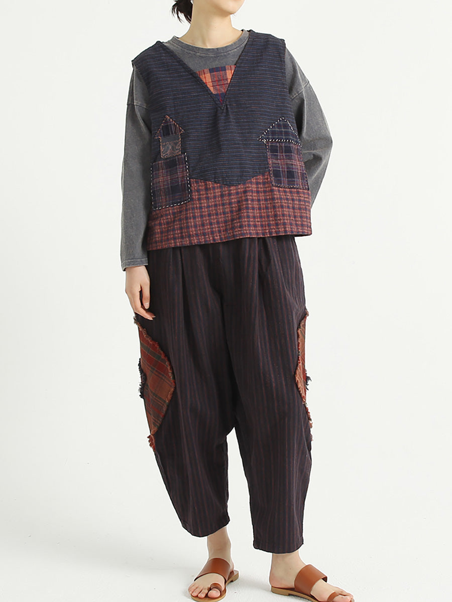 Plaid Patchwork Linen Loose Women Harem Pants