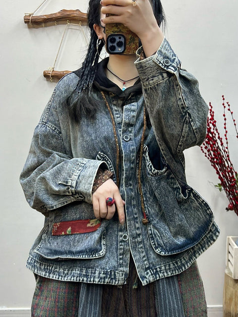 Plus Size Women Spring Retro Irregular Patch Pocket Denim Coat