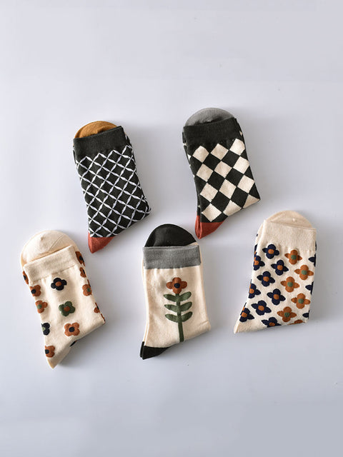 5 Pairs Women Casual Rhomboids Flower Socks