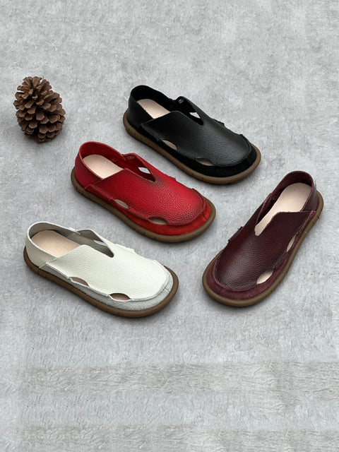 Women Retro Summer Solid Leather Hollow Out Flat Shoes