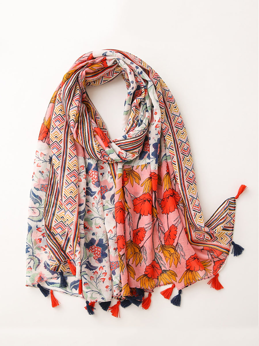 Artsy Floral Spliced Tassel Fashion Travel Shawl Scarf