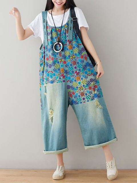 Women Vintage Floral Frayed Pocket Straight-leg Denim Jumpsuits