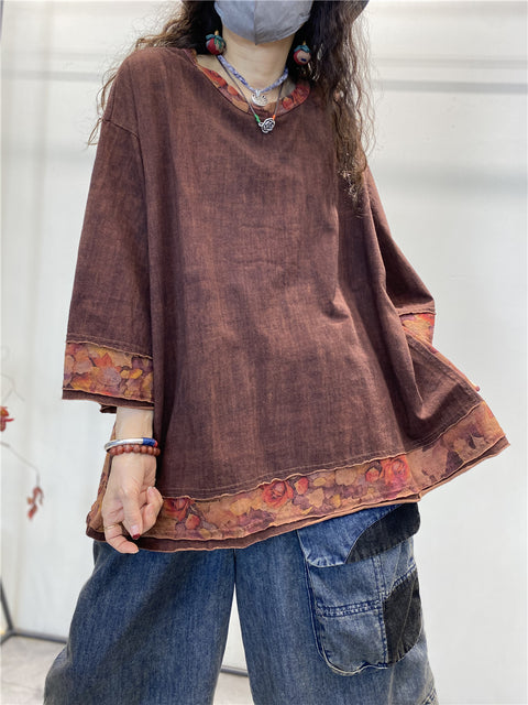 Women Summer Vintage Spliced Worn Solid Cotton Shirt