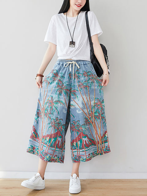 Women Summer Artsy Print Pocket Wide-leg Denim Pants