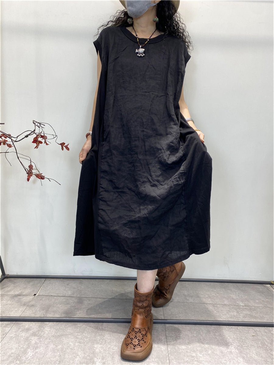 Plus Size Women Summer Vintage Spliced Loose Cotton Vest Dress