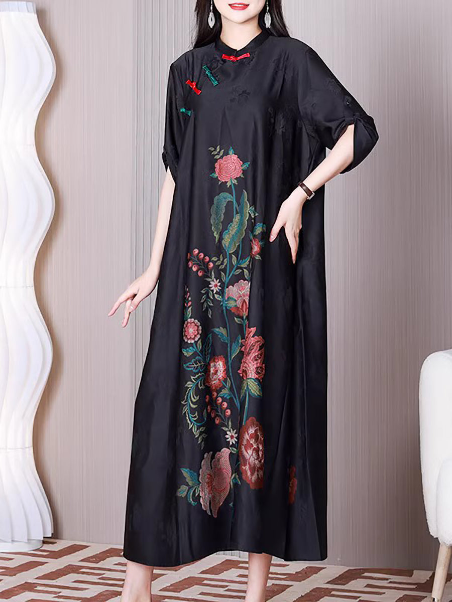 Plus Size Women Ethnic Flower A-shape Loose Dress