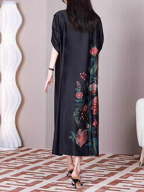 Plus Size Women Ethnic Flower A-shape Loose Dress