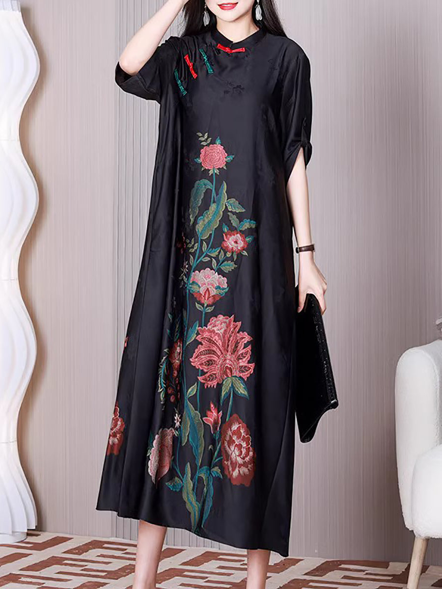 Plus Size Women Ethnic Flower A-shape Loose Dress