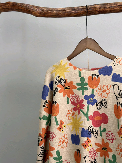 Women Autumn Cute Flower Print Knitted Shirt