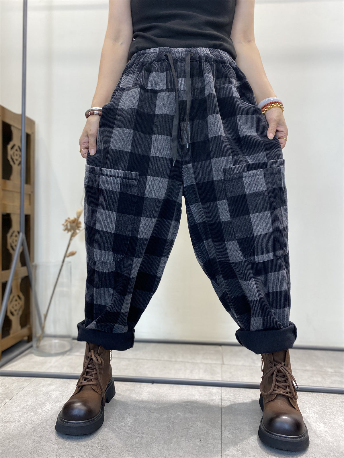 Plus Size Women Retro Plaid Corduroy Loose Harem Pants