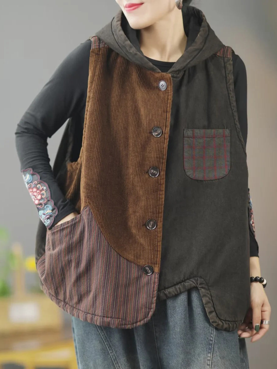 Women Retro Winter Patchwork Hooded Vest Coat