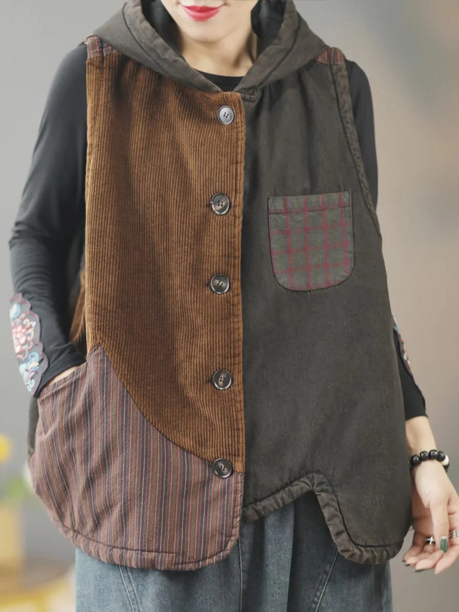 Women Retro Winter Patchwork Hooded Vest Coat