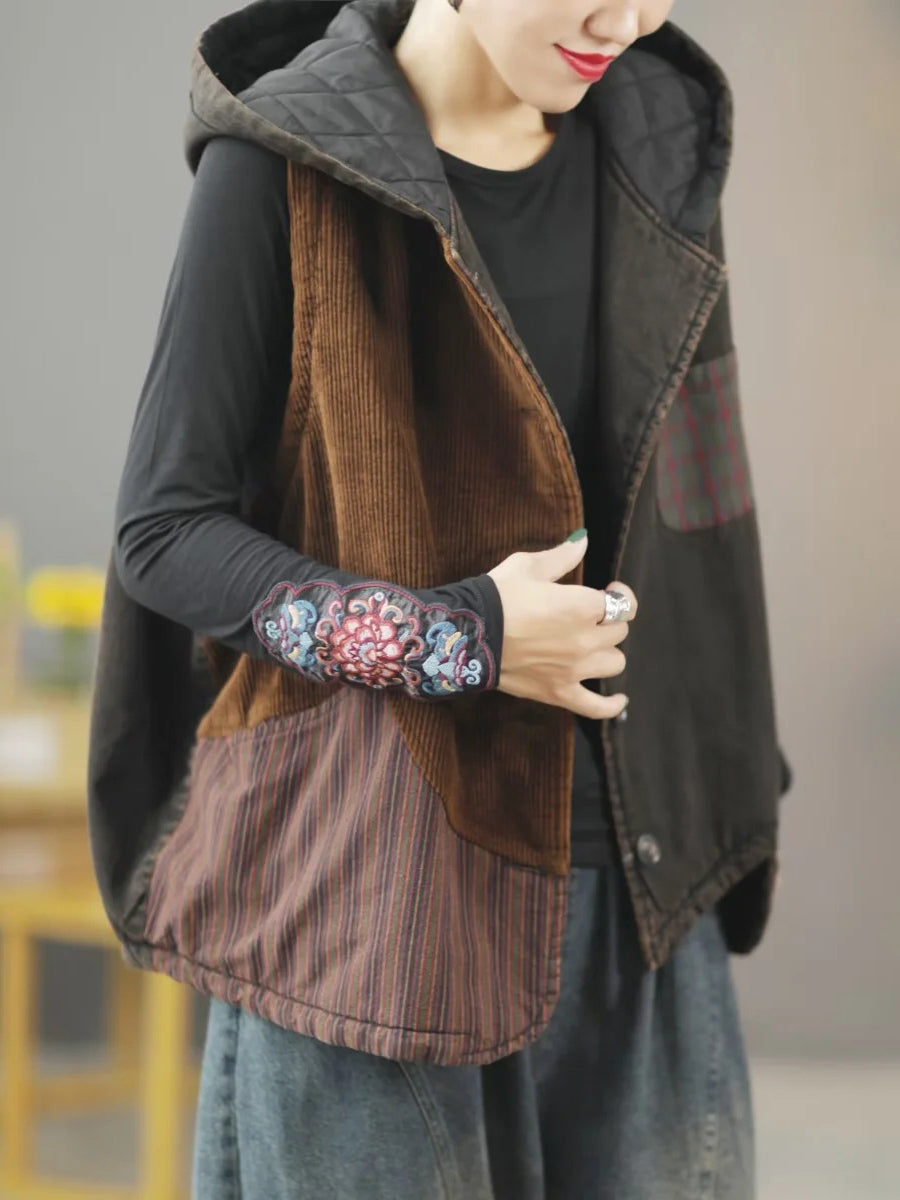 Women Retro Winter Patchwork Hooded Vest Coat