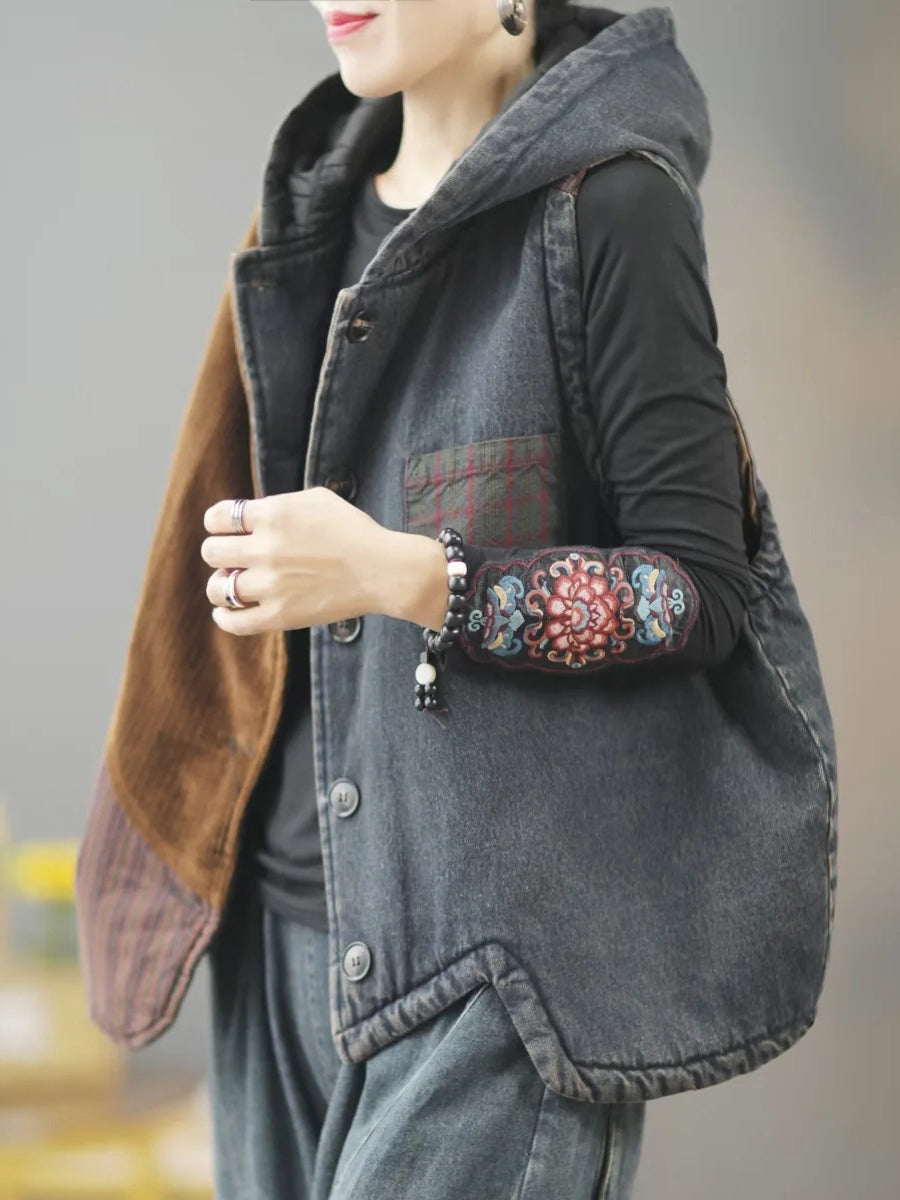 Women Retro Winter Patchwork Hooded Vest Coat