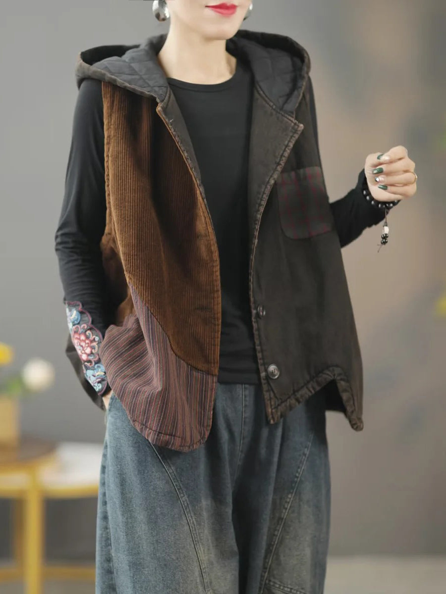 Women Retro Winter Patchwork Hooded Vest Coat