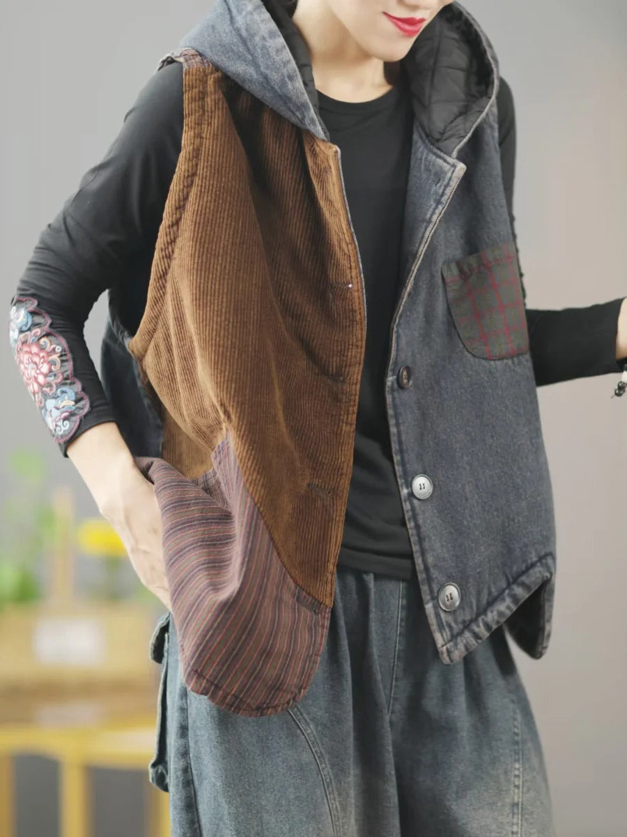 Women Retro Winter Patchwork Hooded Vest Coat