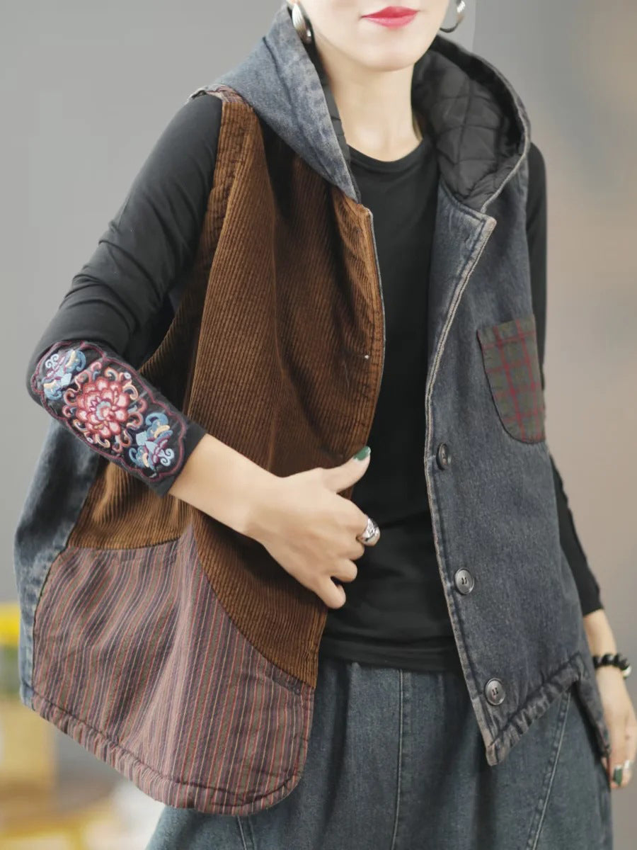 Women Retro Winter Patchwork Hooded Vest Coat