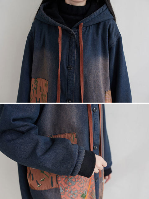 Women Vintage Spliced Denim Hooded Padded Coat