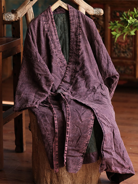 Women Worn Washed Ethnic Drawstring Linen Padded Coat