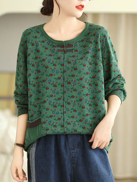 Women Vintage Floral Winter Spliced O-Neck Sweater