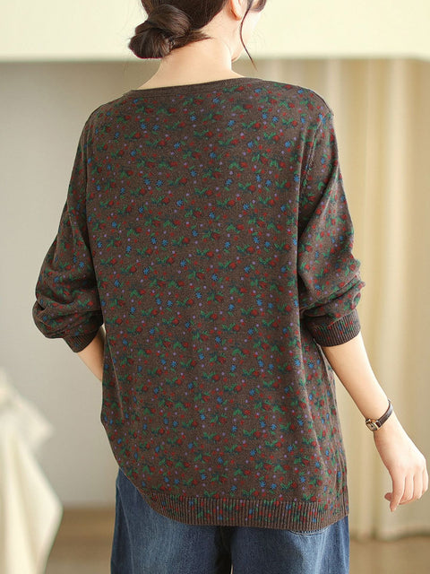 Women Vintage Floral Winter Spliced O-Neck Sweater