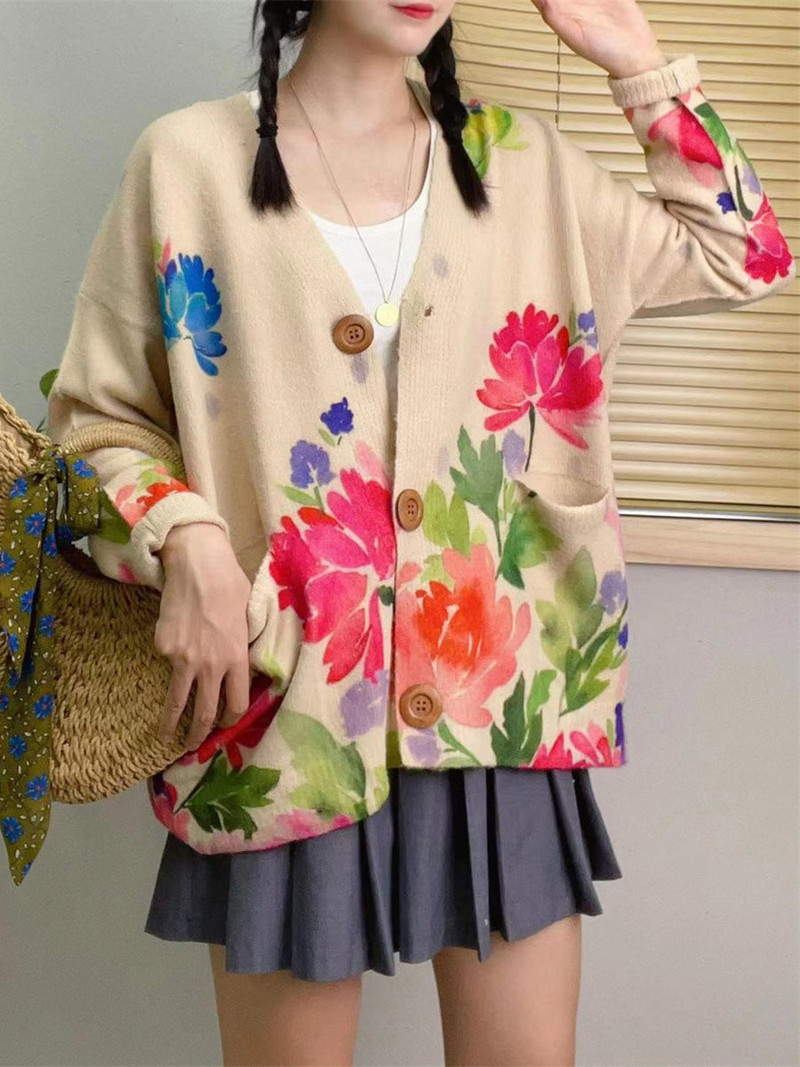 Women Spring Flower Knitted V-Neck Cardigan Sweater