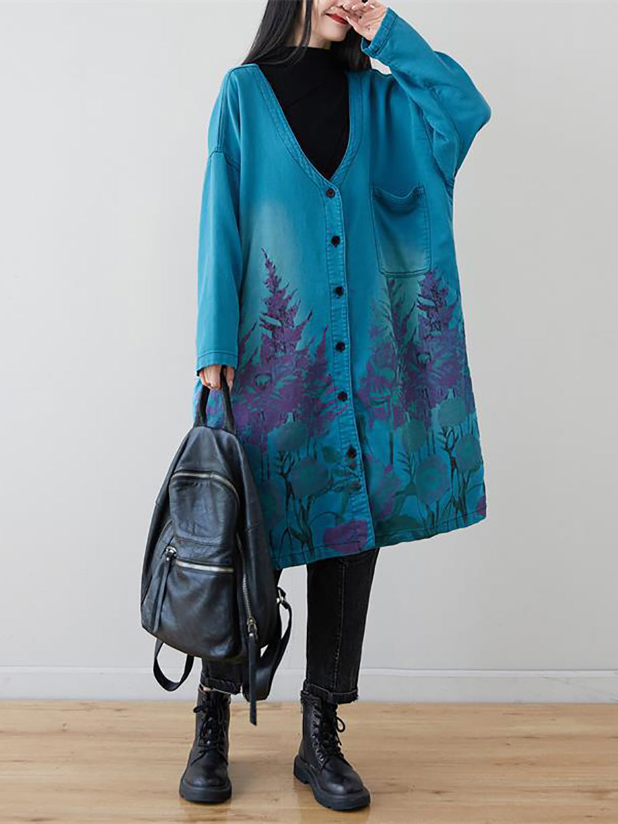 Women Artsy Flower Print Denim Long Coat