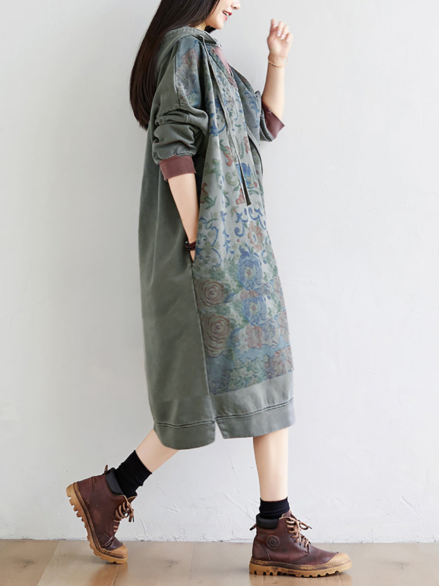 Women Artsy Flower Spring Hooded Cotton Dress