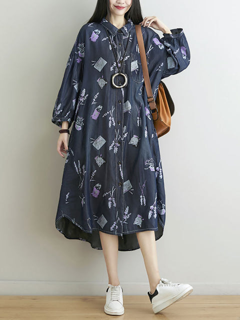 Women Spring Flower Print Loose Denim Dress