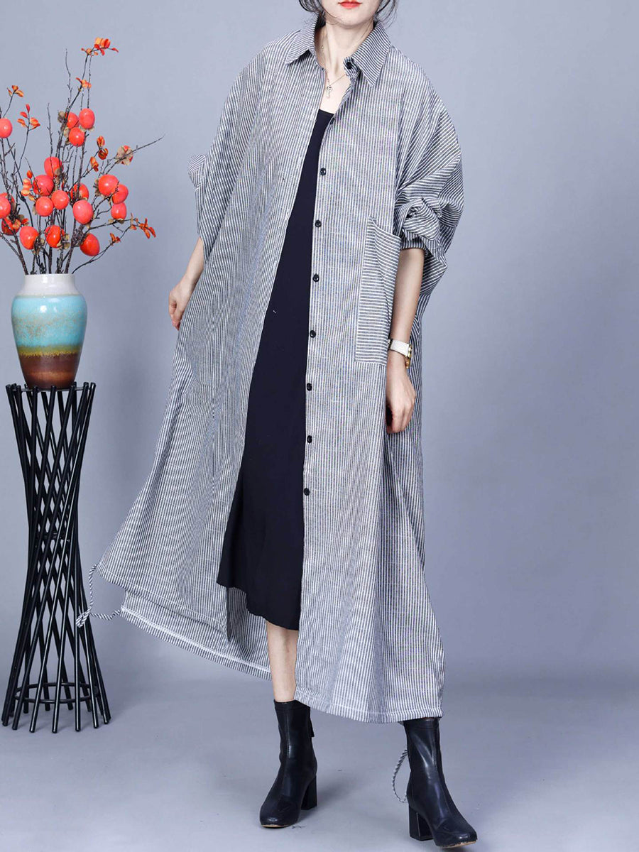 Women Casual Stripe Cotton Linen Loose Long Coat